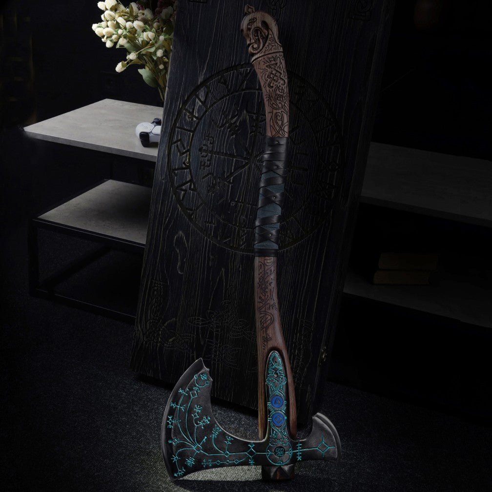 Hand-forged "Ragnarok Kratos axe" with carved handle and Luminescent Glow-in-the-Dark Runes