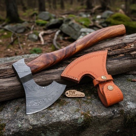 Traditional Norse Bearded War Axe (Skeggøx) featuring Damascus Steel Head, Solid Wood Handle, Sheath Included