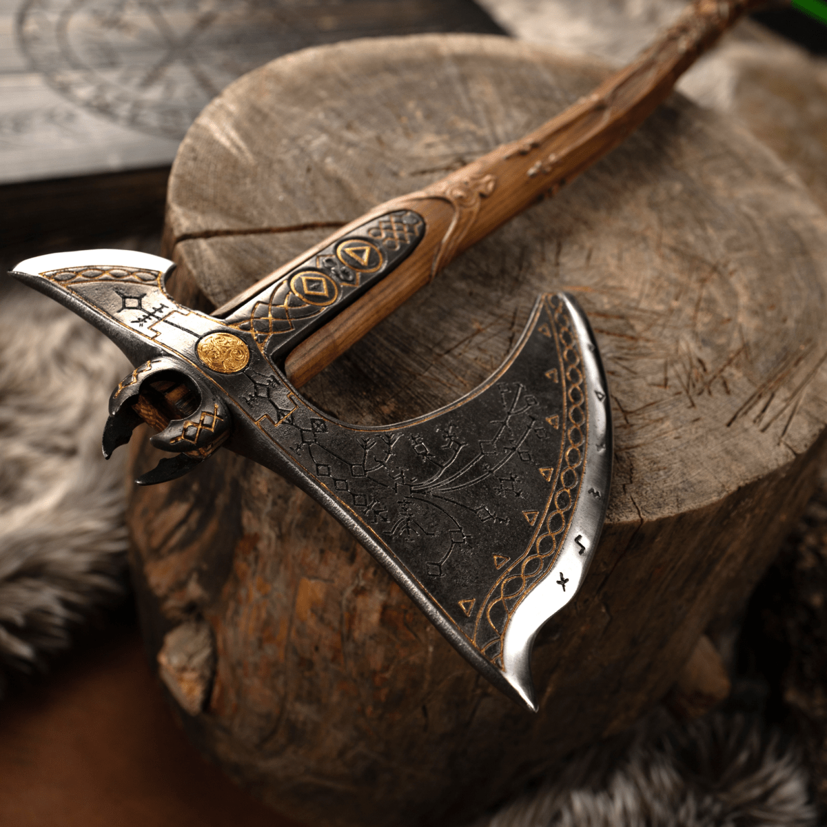 Handcrafted Leviathan axe with leather cover and glow in the dark runes