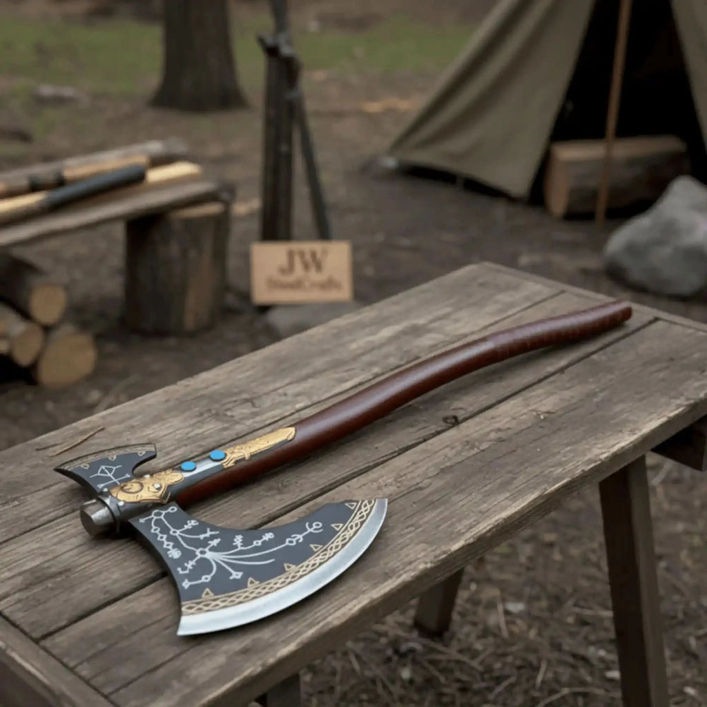 Hand-Forged Viking Double-Bit Fantasy Display Axe with Engraved Head