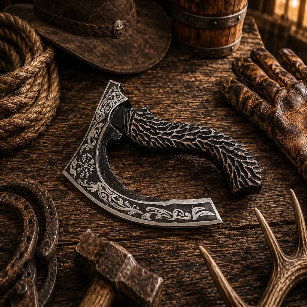 Handmade Carbon Steel Pizza Cutter Axe – Carved Rosewood Handle