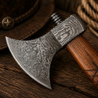 Custom Damascus Steel Axe with Rosewood Handle | Handmade Camping Hatchet