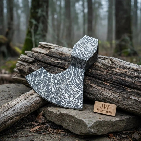 Handmade Damascus Steel Blank Axe Head – Pattern Welded Viking Tomahawk Head for Custom Handle Builds | JW SteelCrafts