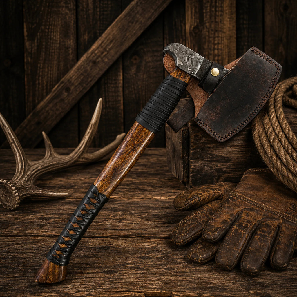 23" Handmade Viking Axe | Damascus Steel Blade with Leather Grip
