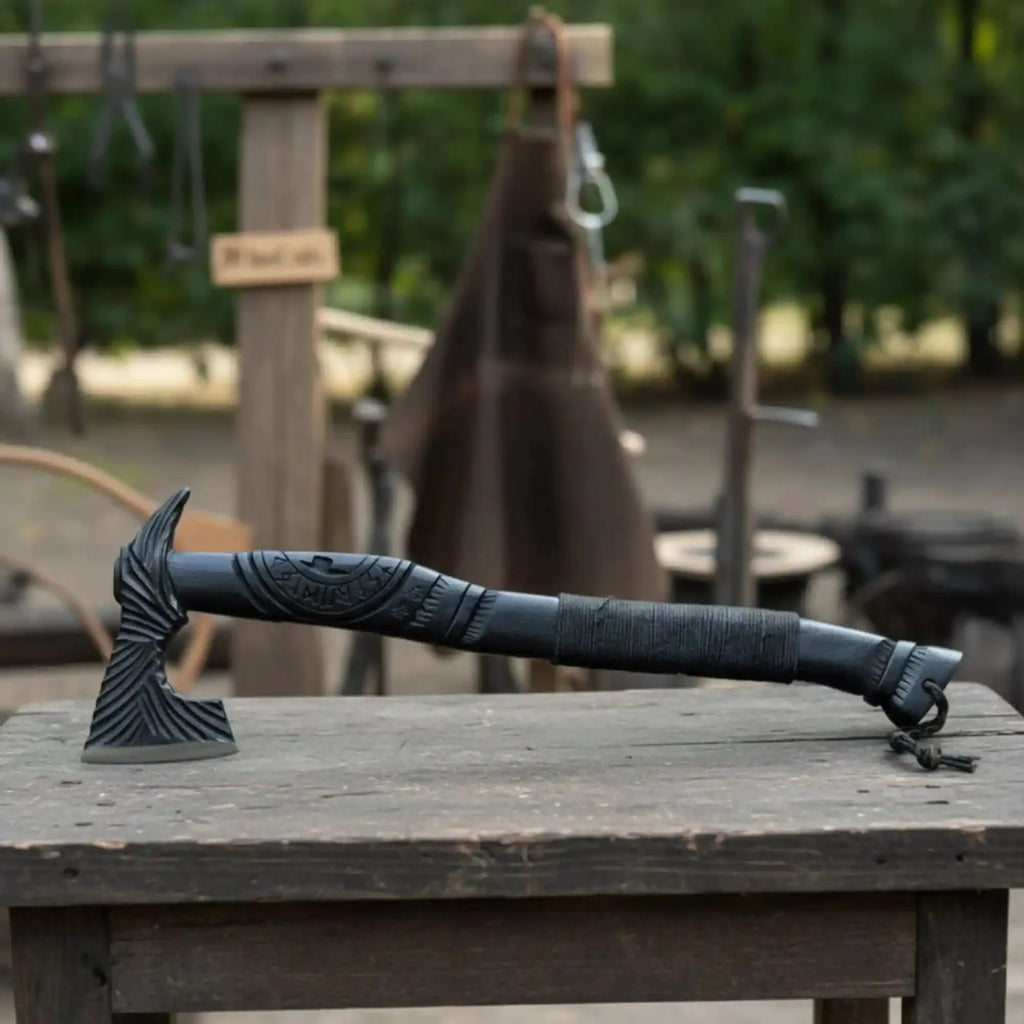 Viking-Style Hand-Carved Battle Axe | Blackened Wood Handle & Leather Sheath