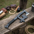 Viking-Style Hand-Carved Battle Axe | Blackened Wood Handle & Leather Sheath