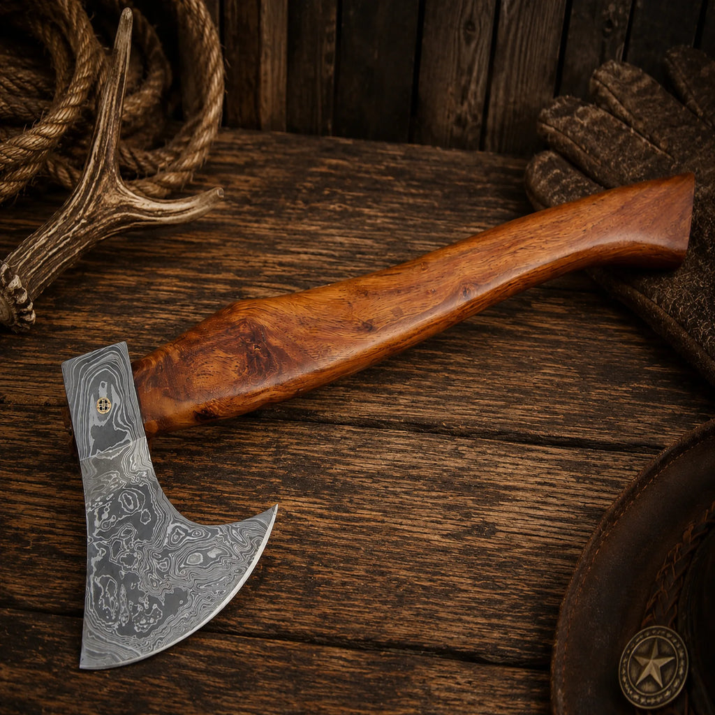Viking Style Damascus Steel Axe with Leather Sheath & Rosewood Handle