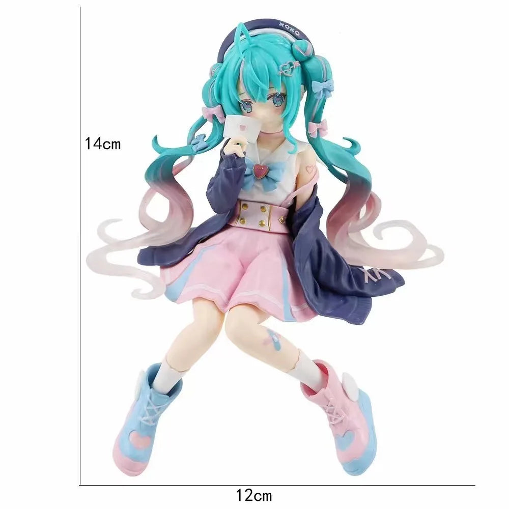 Hatsune Miku Anime figure Pink dress Sitting posture PVC model action toys Cherry pink cherry blossom decoration collect gifts