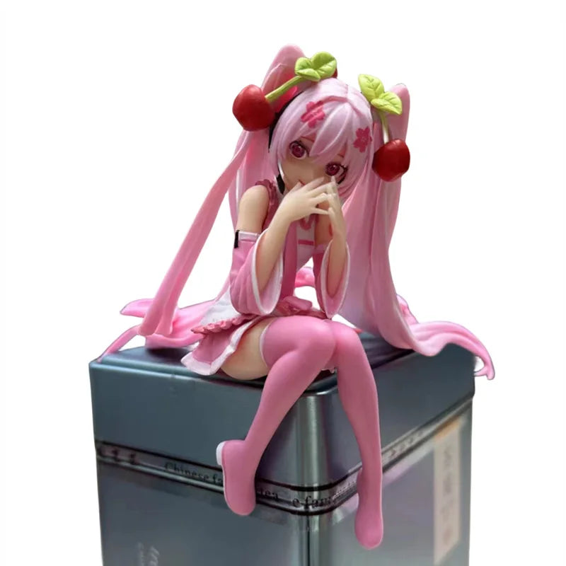 Hatsune Miku Anime figure Pink dress Sitting posture PVC model action toys Cherry pink cherry blossom decoration collect gifts