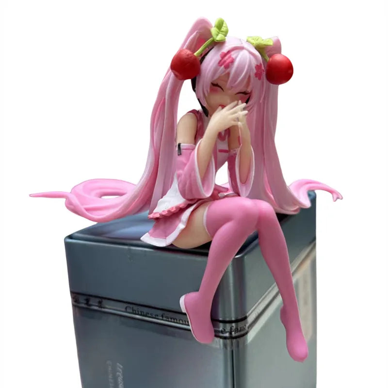 Hatsune Miku Anime figure Pink dress Sitting posture PVC model action toys Cherry pink cherry blossom decoration collect gifts