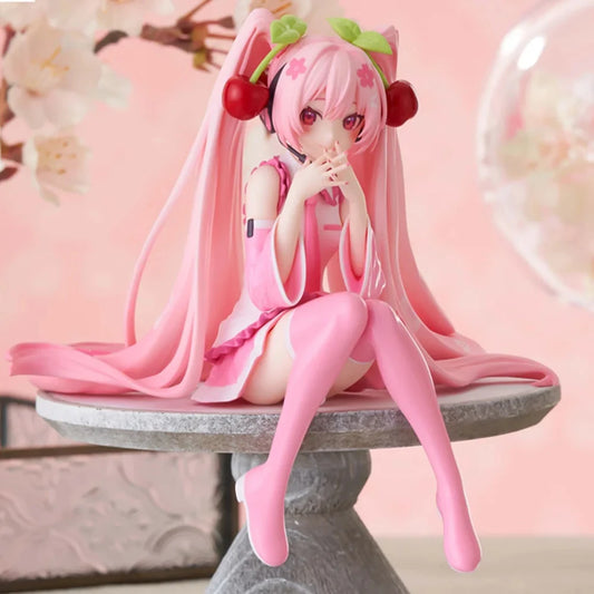 Hatsune Miku Anime figure Pink dress Sitting posture PVC model action toys Cherry pink cherry blossom decoration collect gifts