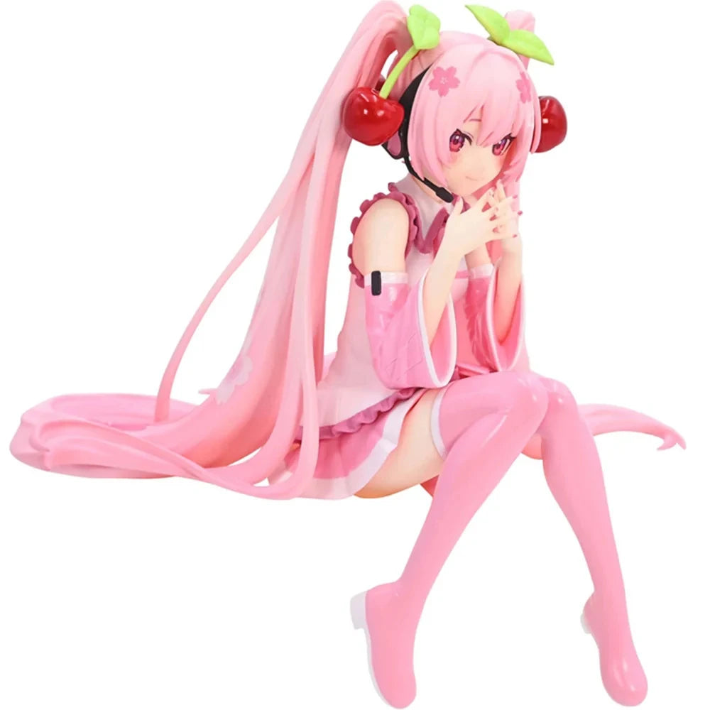 Hatsune Miku Anime figure Pink dress Sitting posture PVC model action toys Cherry pink cherry blossom decoration collect gifts