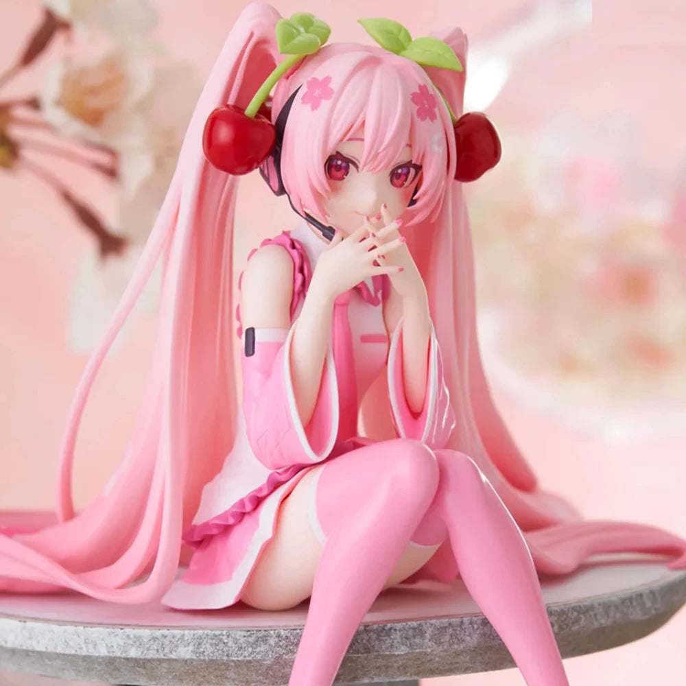 Hatsune Miku Anime figure Pink dress Sitting posture PVC model action toys Cherry pink cherry blossom decoration collect gifts