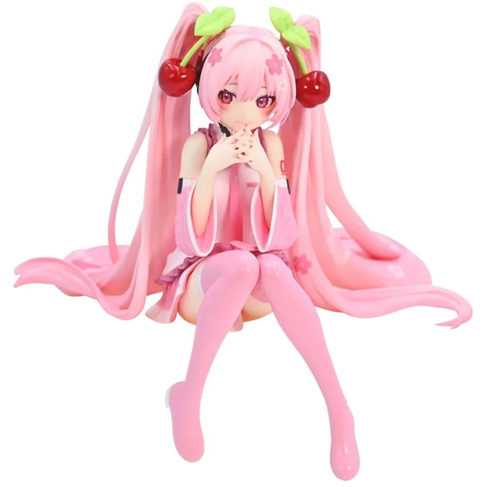 Hatsune Miku Anime figure Pink dress Sitting posture PVC model action toys Cherry pink cherry blossom decoration collect gifts