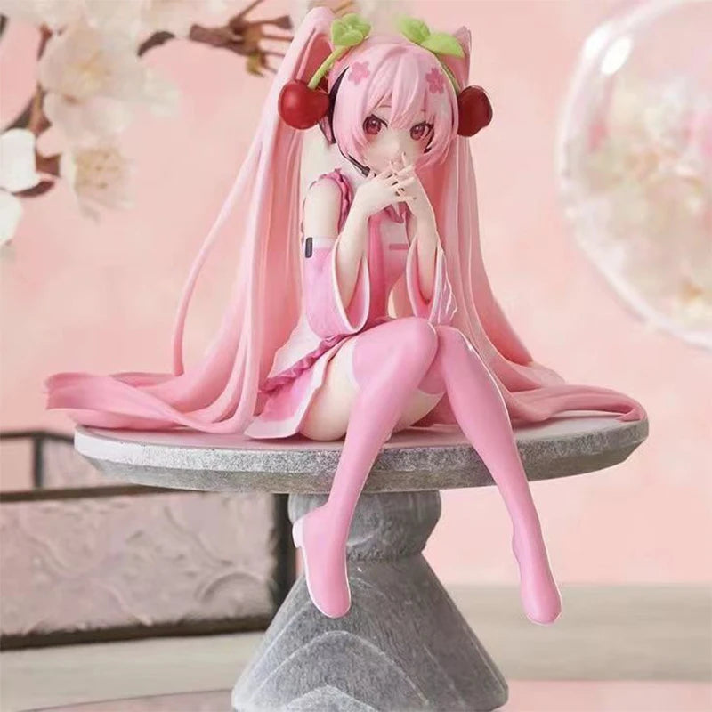 Hatsune Miku Anime figure Pink dress Sitting posture PVC model action toys Cherry pink cherry blossom decoration collect gifts