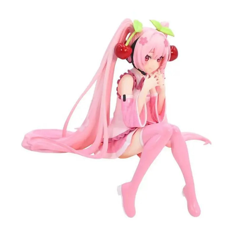 Hatsune Miku Anime figure Pink dress Sitting posture PVC model action toys Cherry pink cherry blossom decoration collect gifts