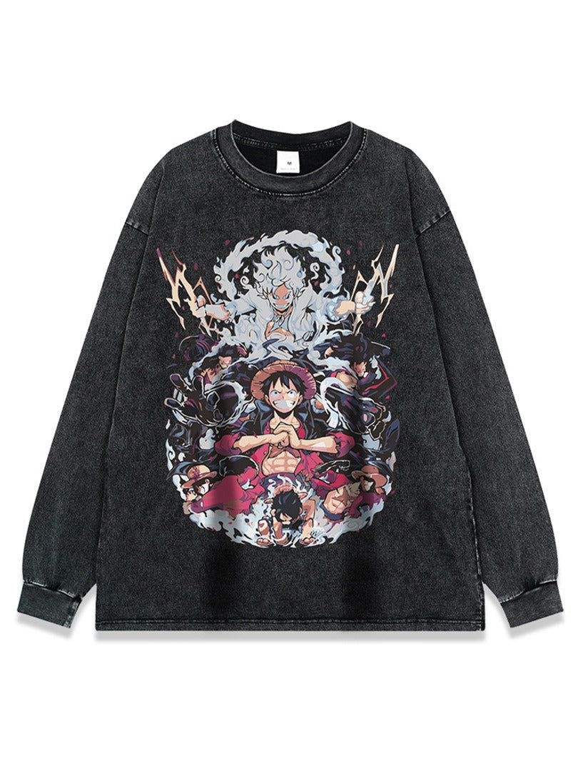 Heavyweight washing T-shirt Dark black printing anime trendy ins new Harajuku loose retro China-Chic T-shirt men