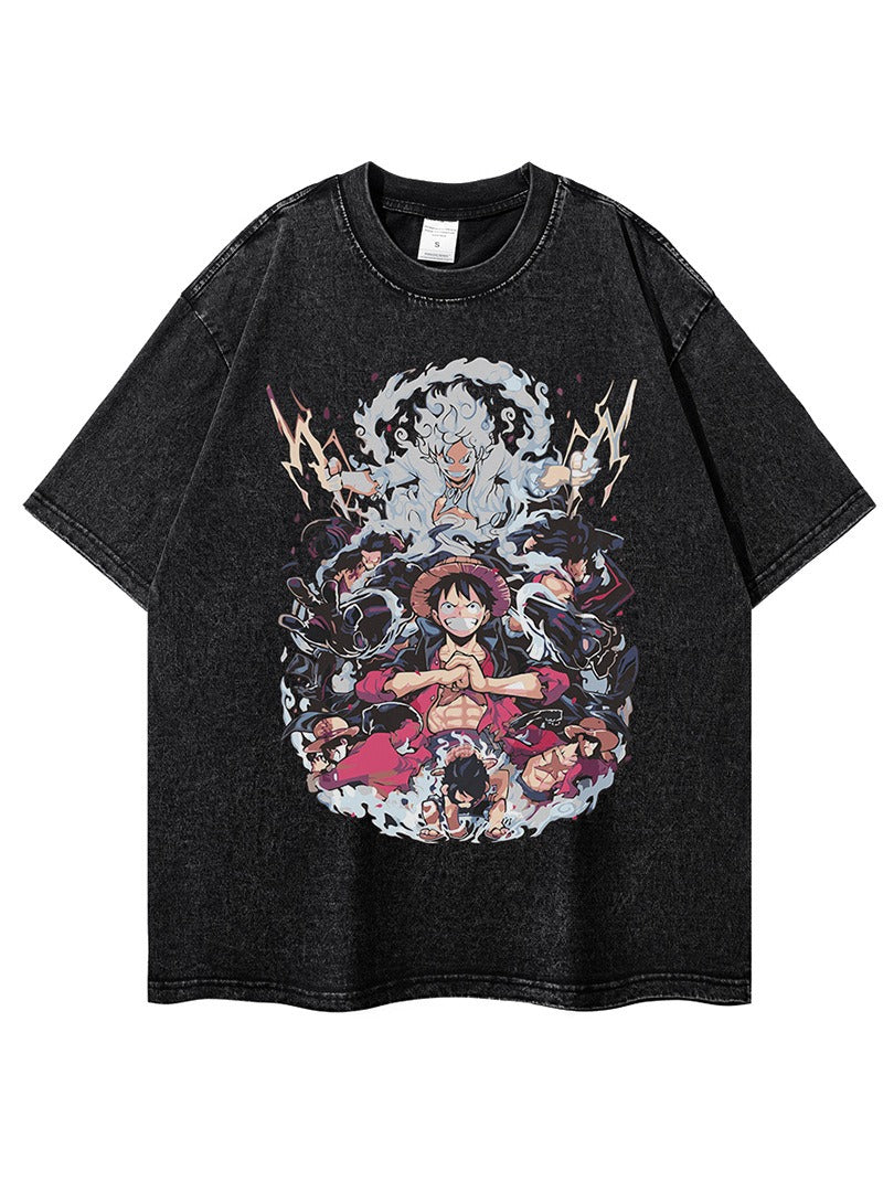 Heavyweight washing T-shirt Dark black printing anime trendy ins new Harajuku loose retro China-Chic T-shirt men