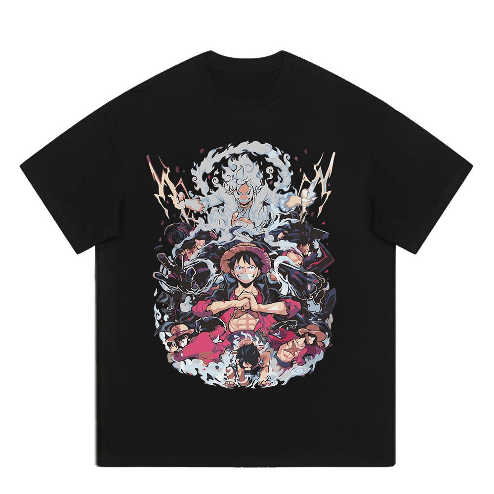 Heavyweight washing T-shirt Dark black printing anime trendy ins new Harajuku loose retro China-Chic T-shirt men