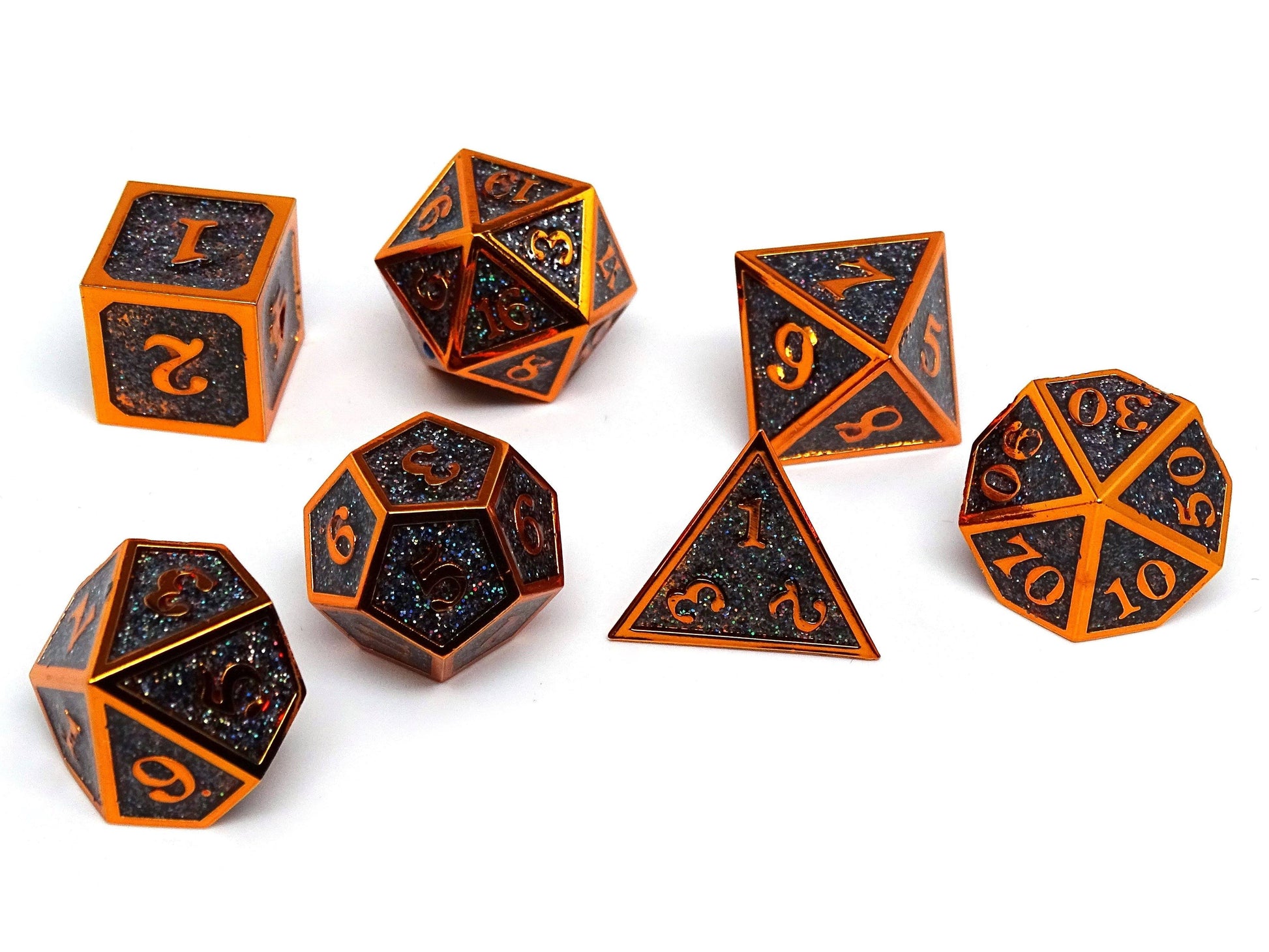 Heroic Dice of Metallic Luster - Black with Orange Font