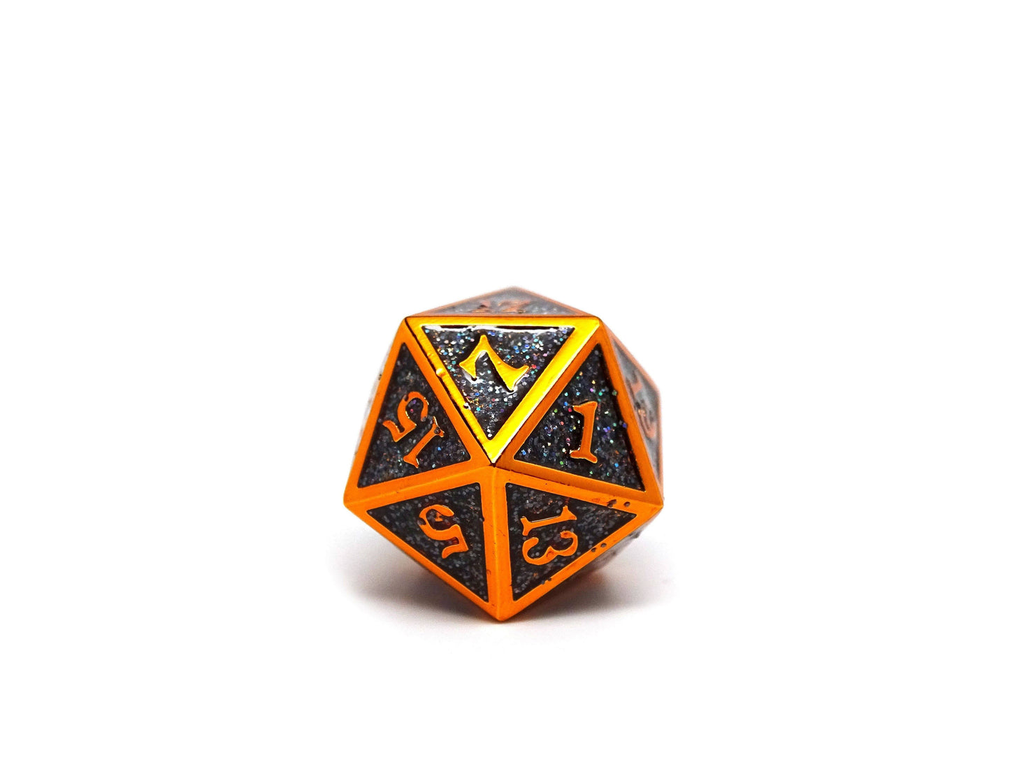 Heroic Dice of Metallic Luster - Single D20 Dice - Black with Orange Font