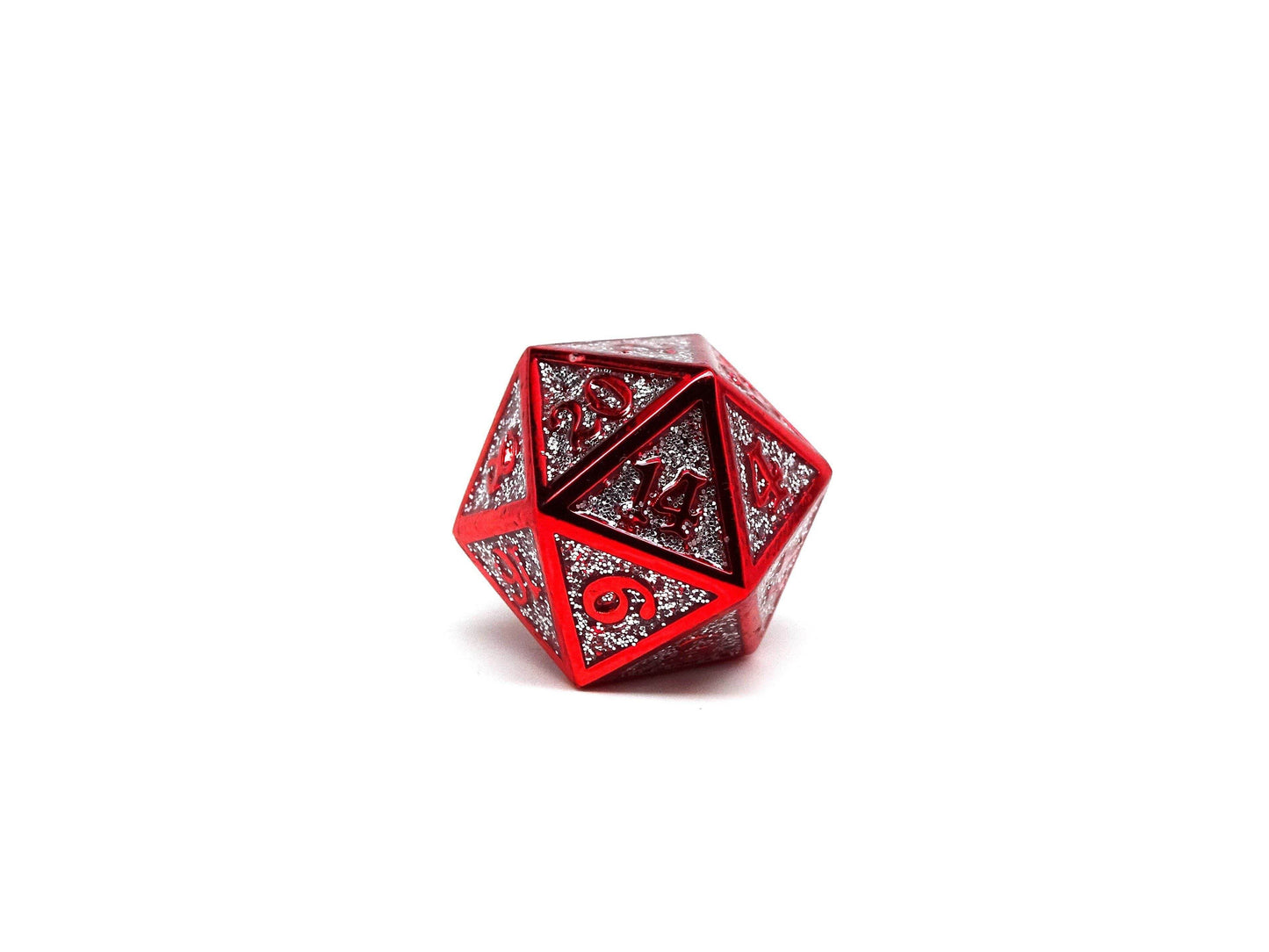 Heroic Dice of Metallic Luster - Single D20 Dice - Silver with Red Font - 