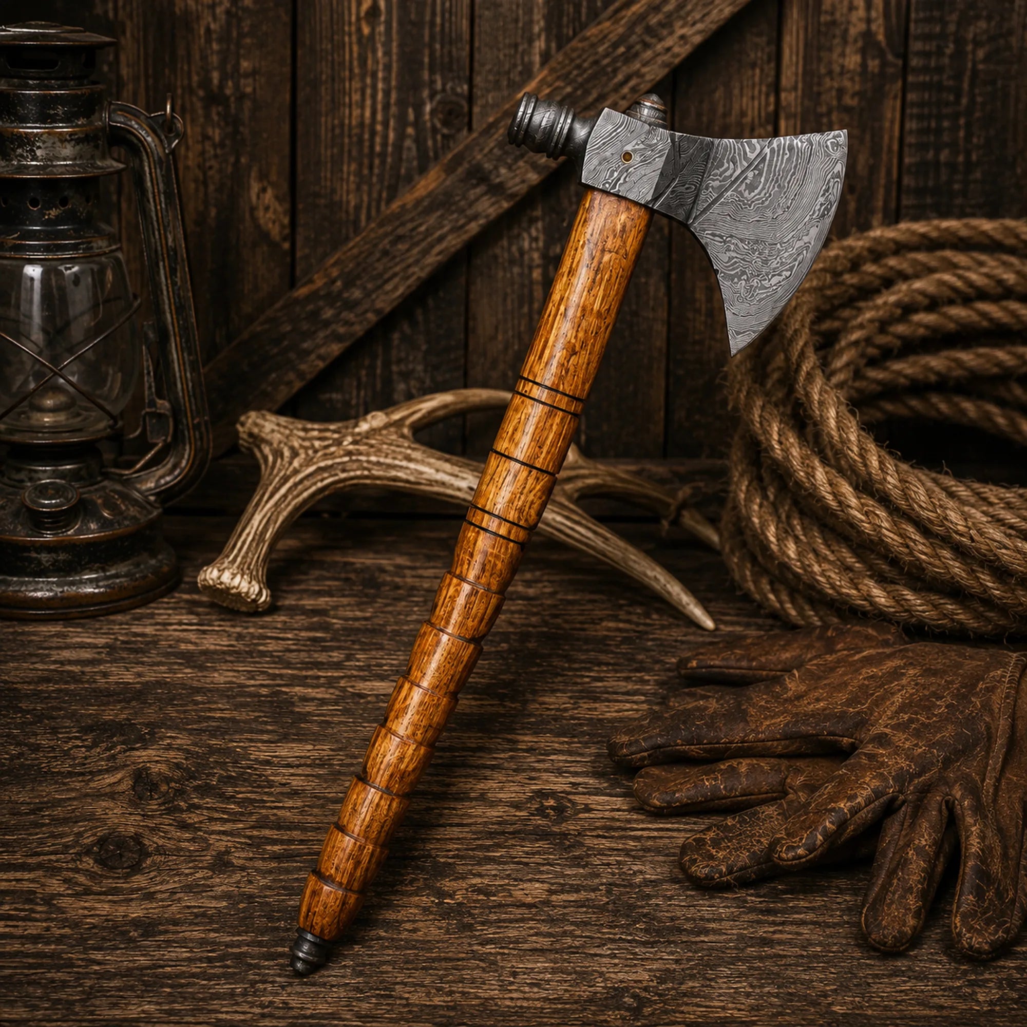 Handmade Damascus Steel Pipe Tomahawk Axe with Wood Handle & Sheath