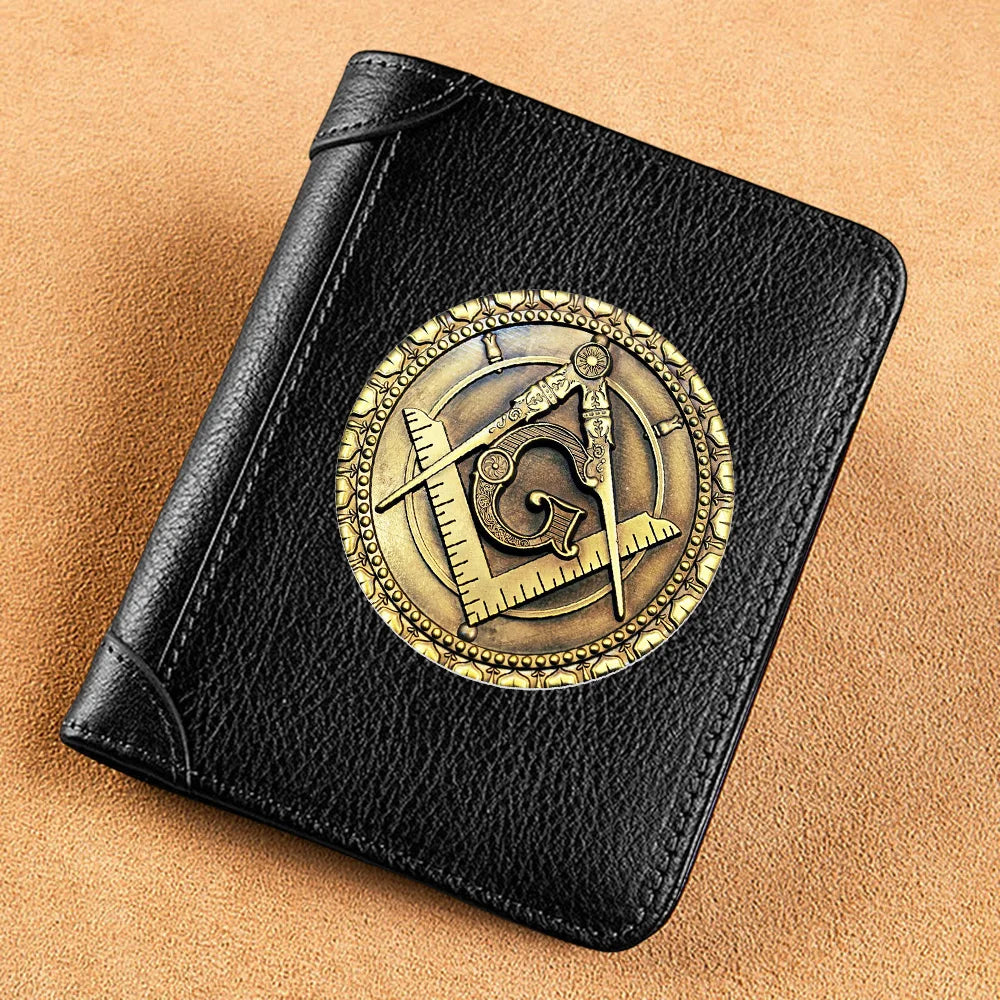 High Quality Genuine Leather Wallet Master Mason Symbol Printing Standard Short Purse BK1227