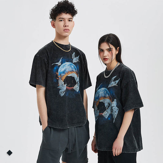 High Street Style Pigeon Earth Print Oversize Loose T Shirt Short Sleeve Fashion Brand Wash Mens T Shirt