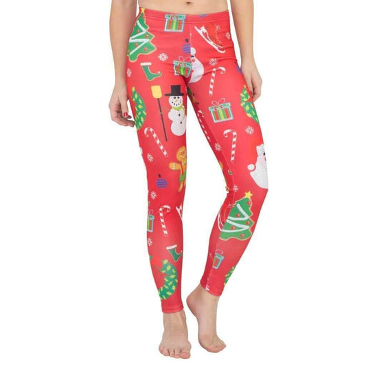 Holiday Symbols All Over Red Ugly Christmas Leggings - S