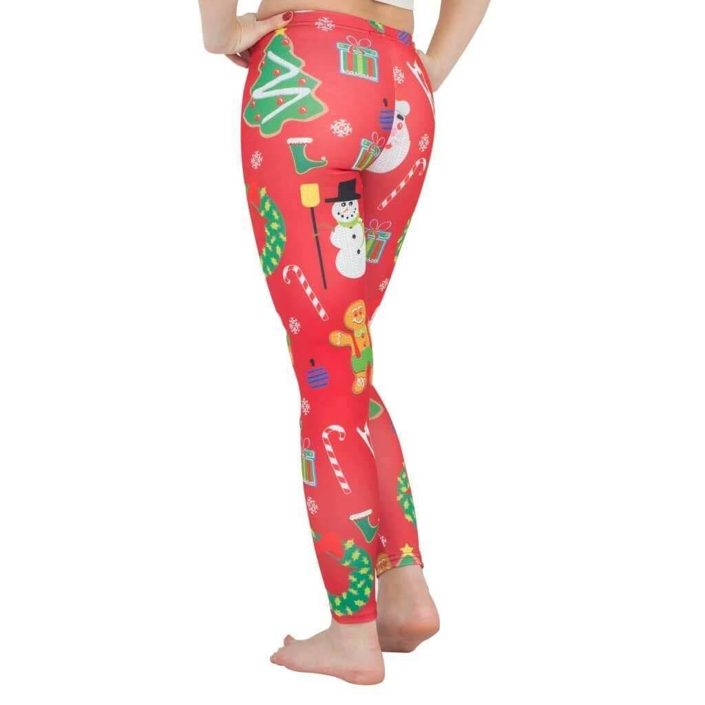 Holiday Symbols All Over Red Ugly Christmas Leggings - S