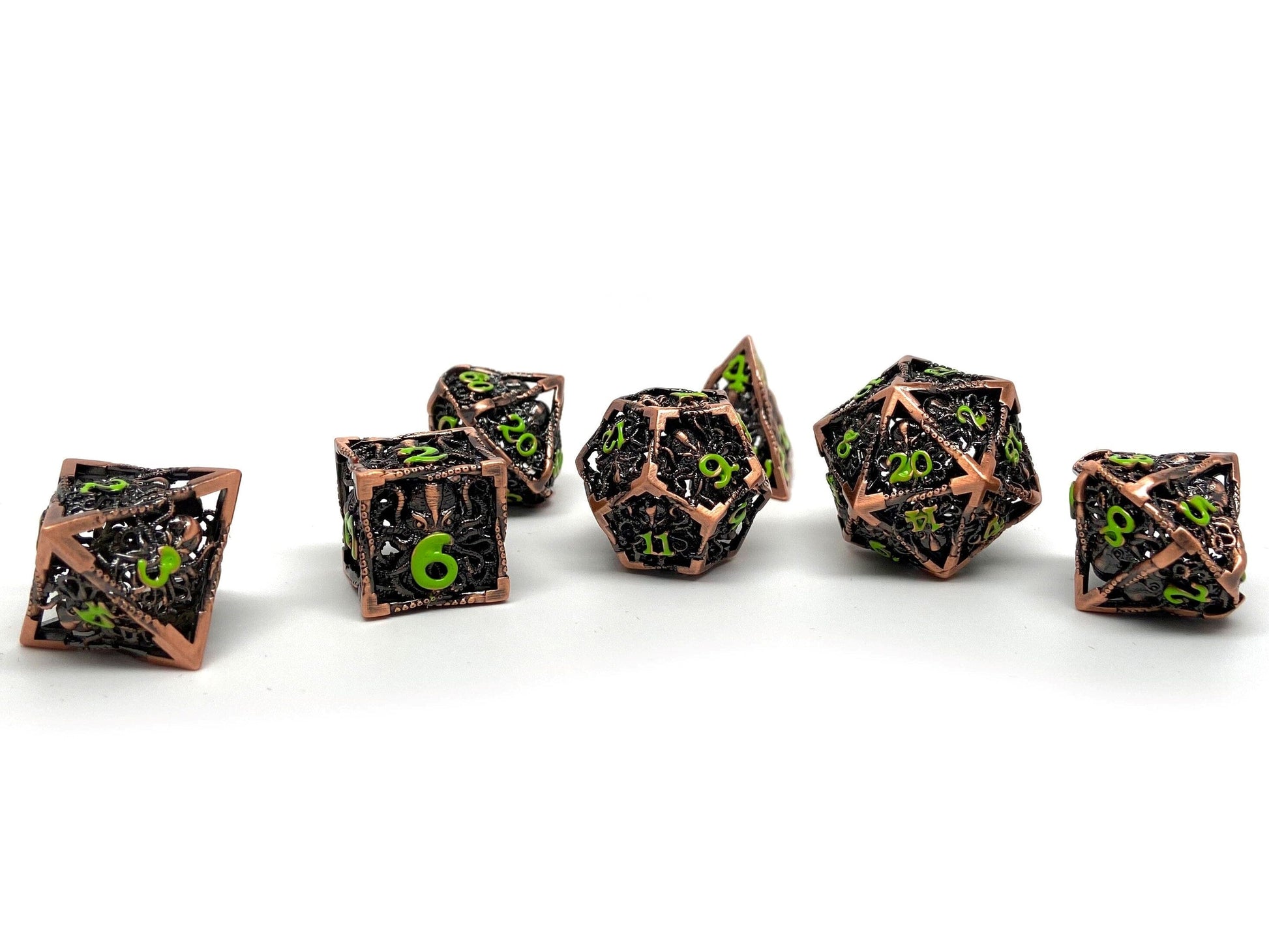 Hollow Metal Copper Cthulhu Dice Set - Green Numbering