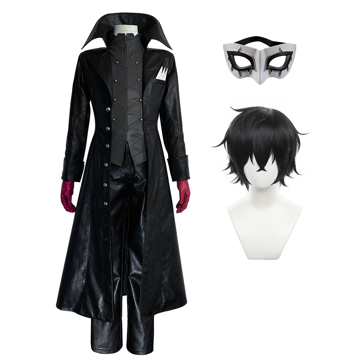 HOLOUN P5 Game Ren Amamiya Cosplay Costume Wig Mask Joker Faux Leather Coat Pants Vest Gloves Daily Wear Cos Convention Rose Net