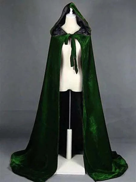 Hooded Cloak Long Velvet Cape Robe Green Black Red Halloween Carnival Purim Coats Medieval Witch Wicca Vampire Costume For Adult