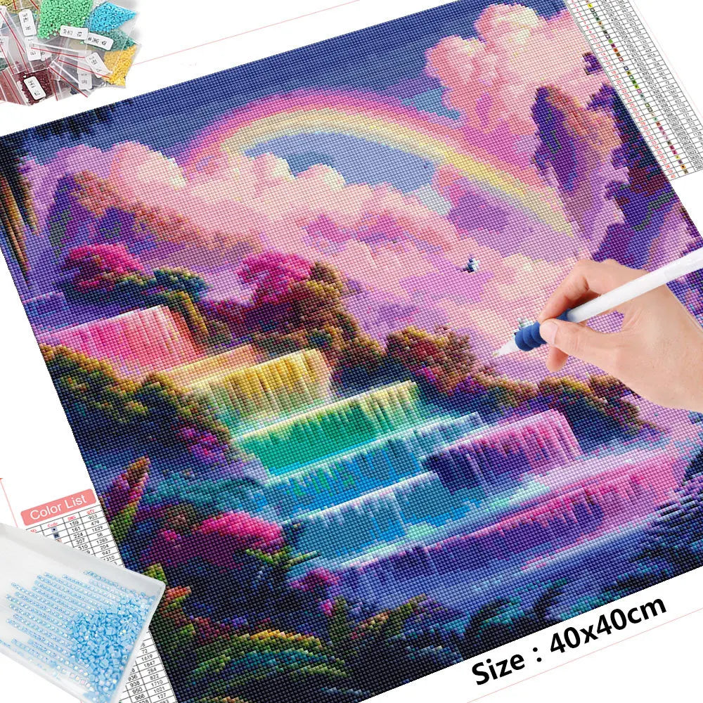 HUACAN Landscape Diamond Painting Kit Waterfall Full Square Round Drill Mosaic Fantasy Rainbow Art Decoration