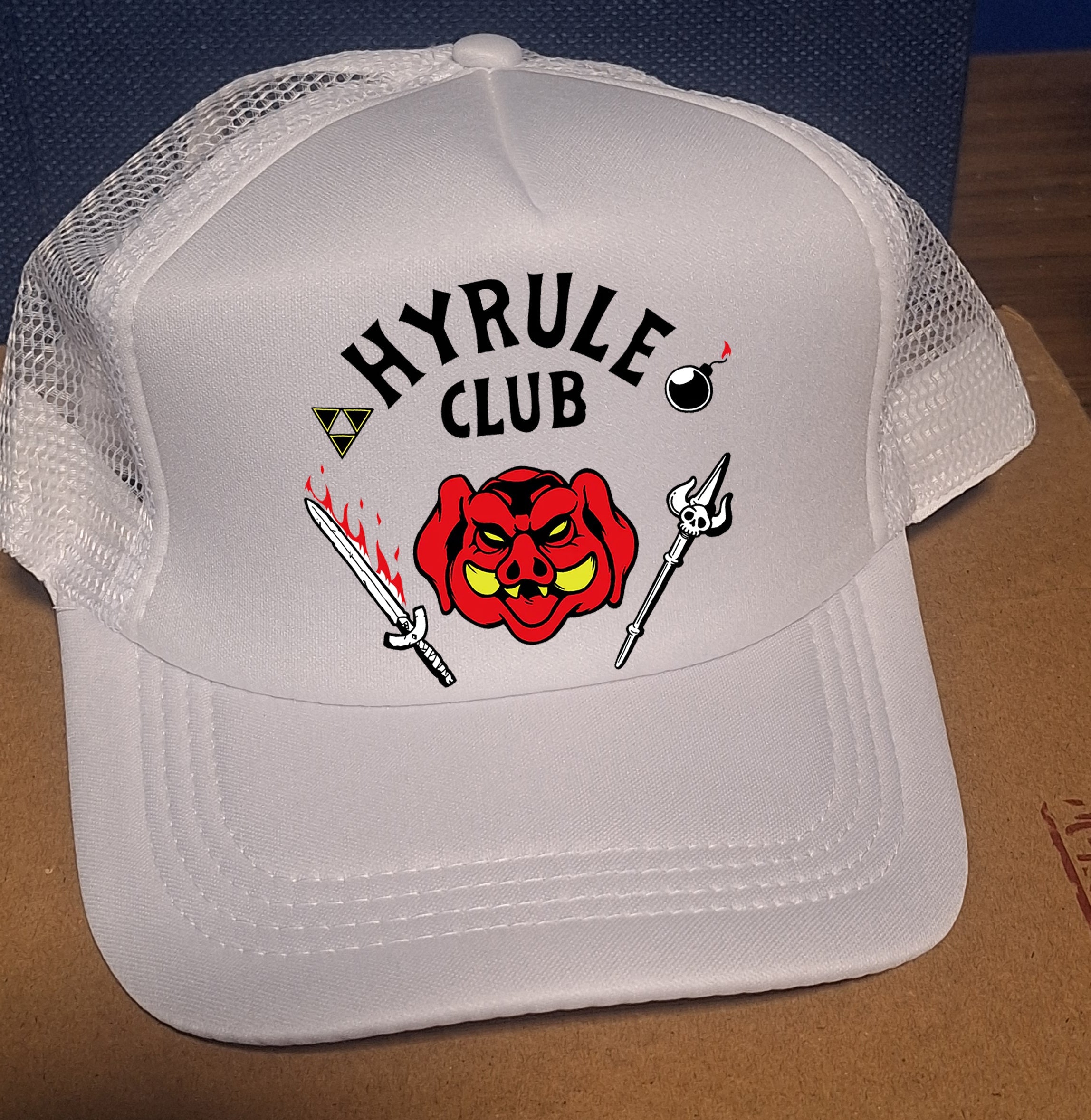 Adjustable 7-Panel Trucker Baseball Cap with Hyrule Club Hellfire Zelda Parody Design - Durable Snapback Closure, Breathable Mesh Back, Cotton Front Panel, One Size Fits Most