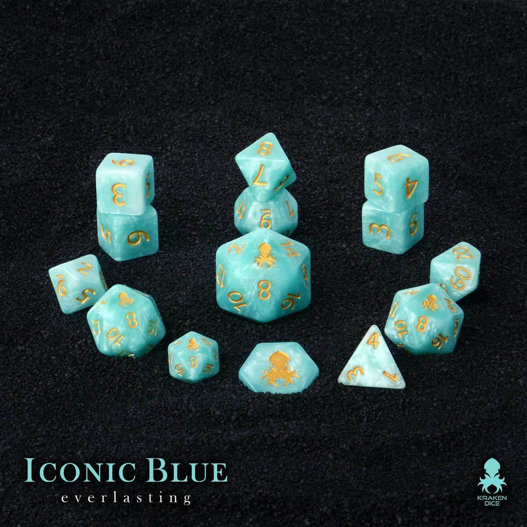 Kraken Dice - Iconic Blue: Everlasting 14pc Polyhedral Dice Set - Gold Ink