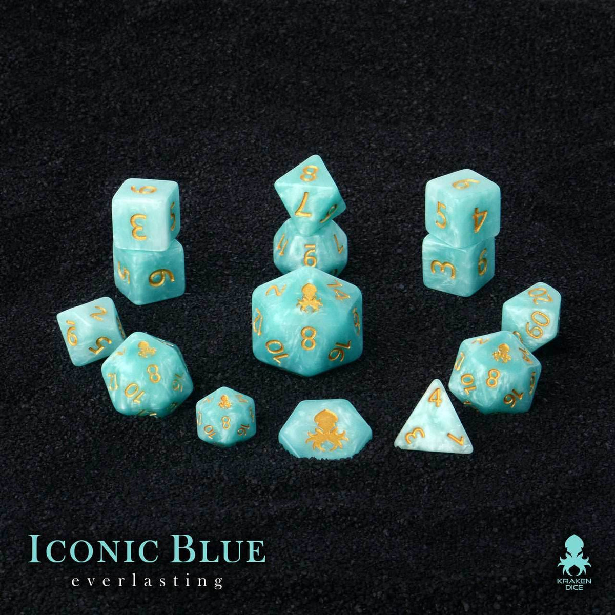 Kraken Dice - Iconic Blue: Everlasting 14pc Polyhedral Dice Set - Gold Ink