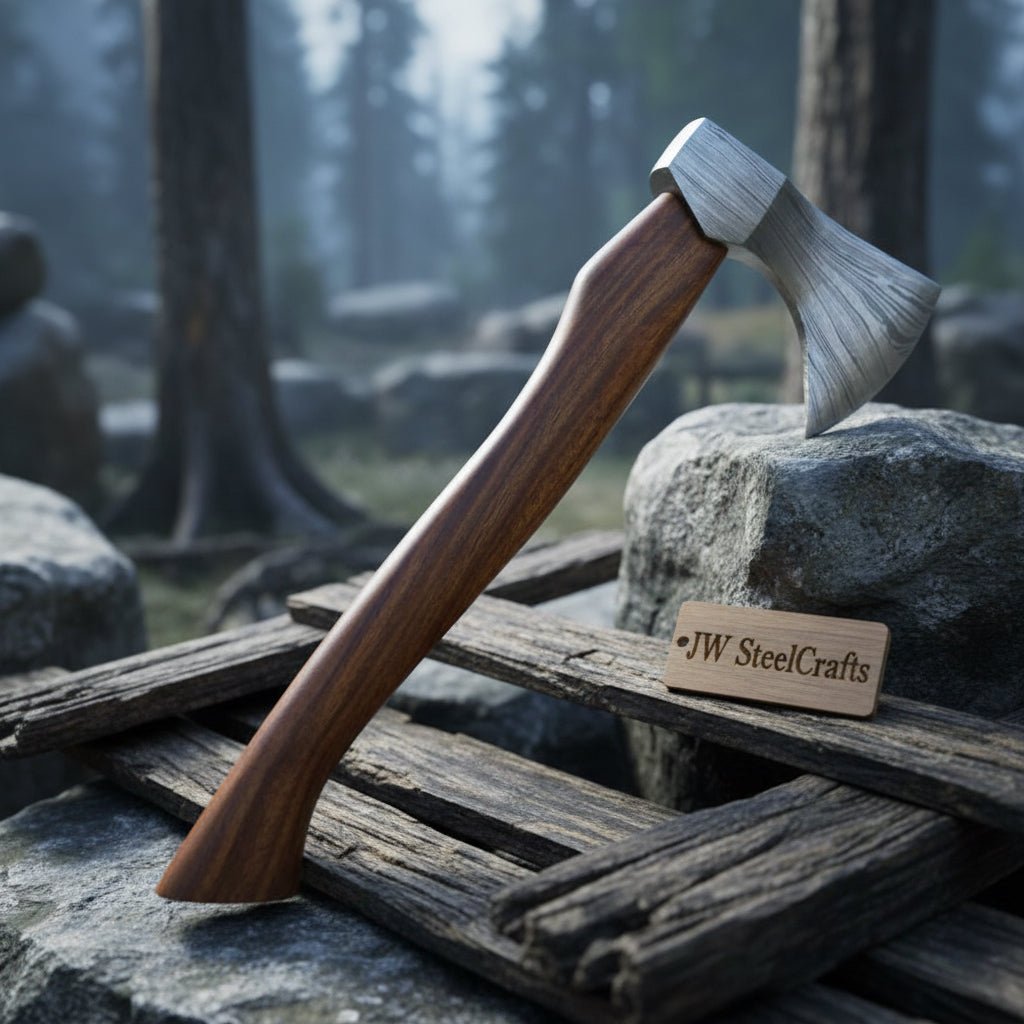 Handmade Damascus Steel Camping Axe – Compact Bushcraft Hatchet with Hardwood Handle & Leather Sheath | JW SteelCrafts