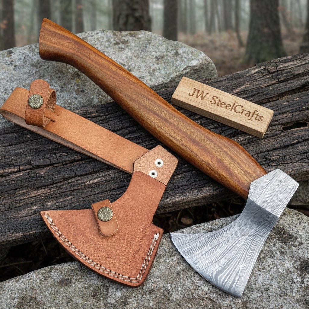 Handmade Damascus Steel Camping Axe – Compact Bushcraft Hatchet with Hardwood Handle & Leather Sheath | JW SteelCrafts