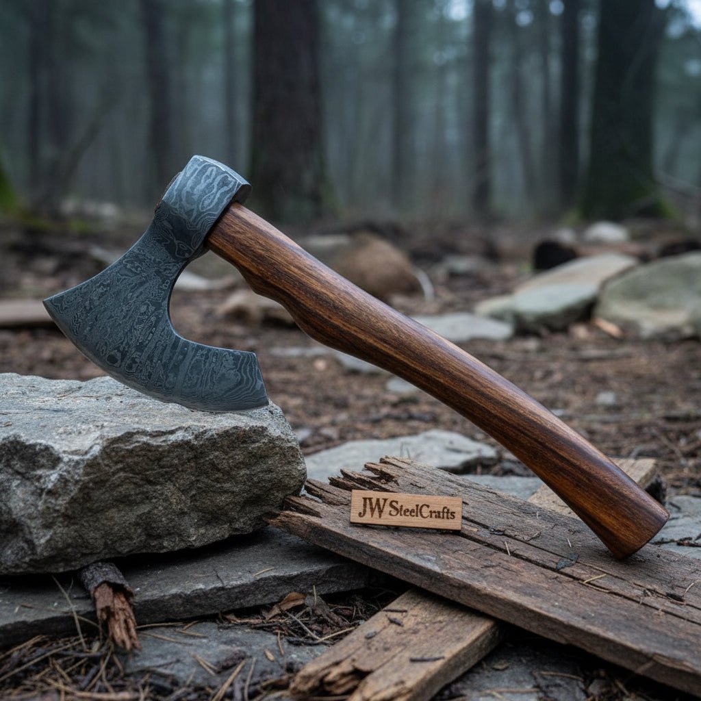 Damascus Steel Camp Axe with 19 Inch Rosewood Handle, Handmade Bushcraft Hatchet with Leather Sheath