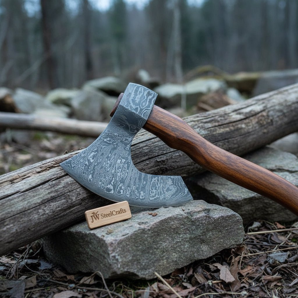 Damascus Steel Camp Axe with 19 Inch Rosewood Handle, Handmade Bushcraft Hatchet with Leather Sheath