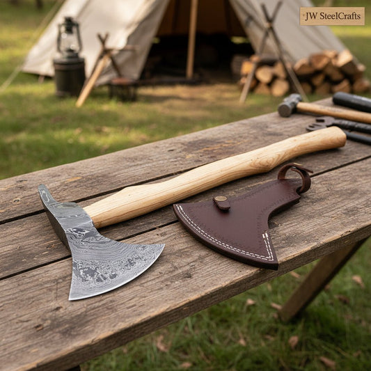 Damascus Camping Axe with 22 Inch Ash Handle – Hand Forged Bushcraft Axe with Leather Sheath | JW SteelCrafts