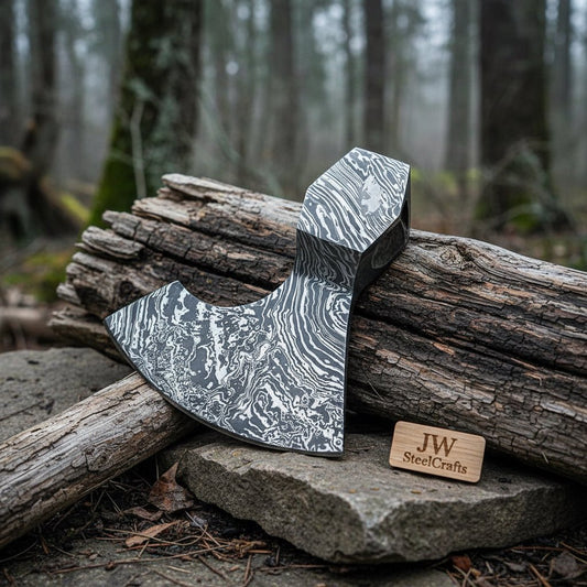 Handmade Damascus Steel Blank Axe Head – Pattern Welded Viking Tomahawk Head for Custom Handle Builds | JW SteelCrafts