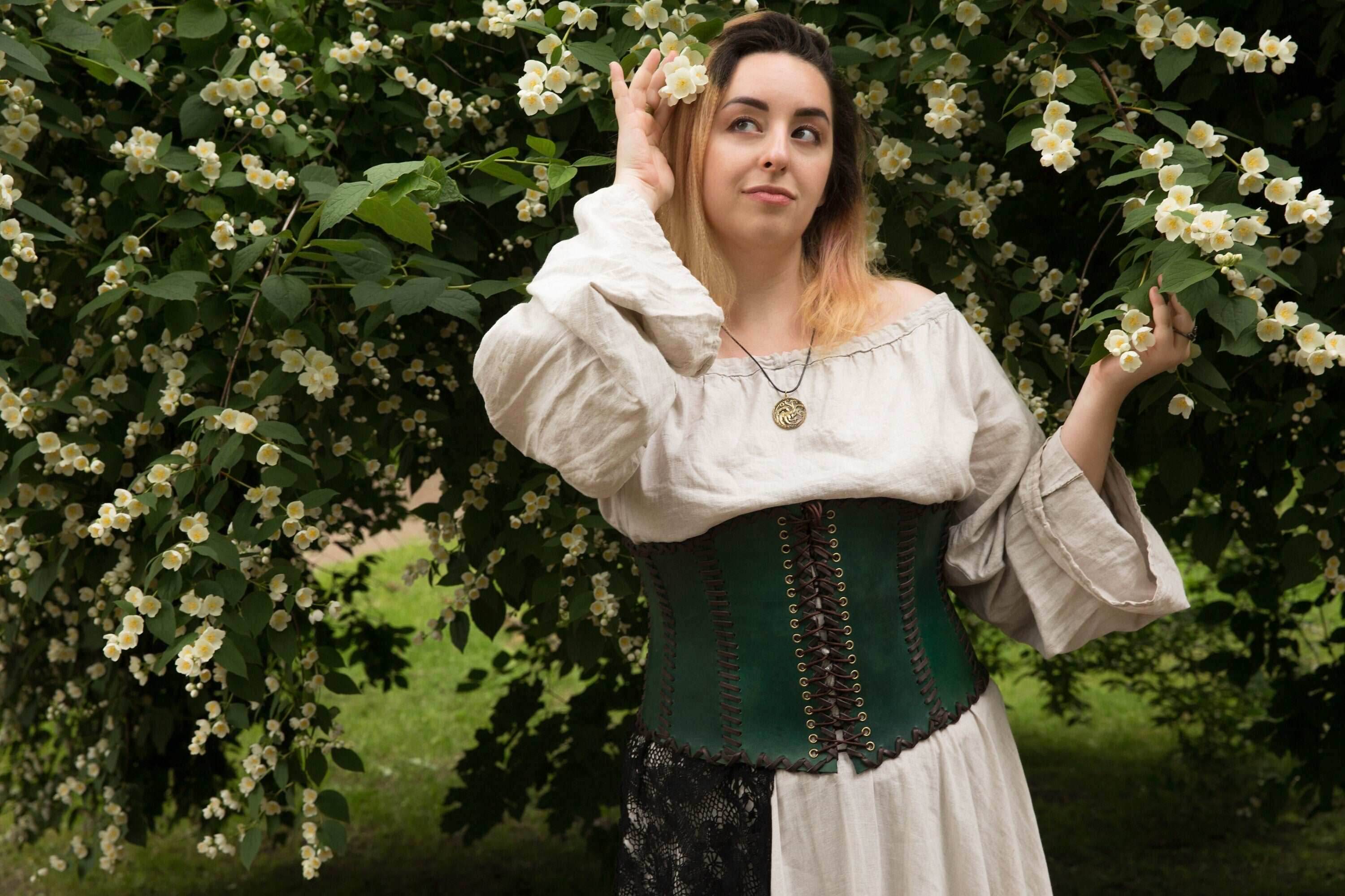 Green leather corset belt “Forest witch” - XS / Green (as on photo)