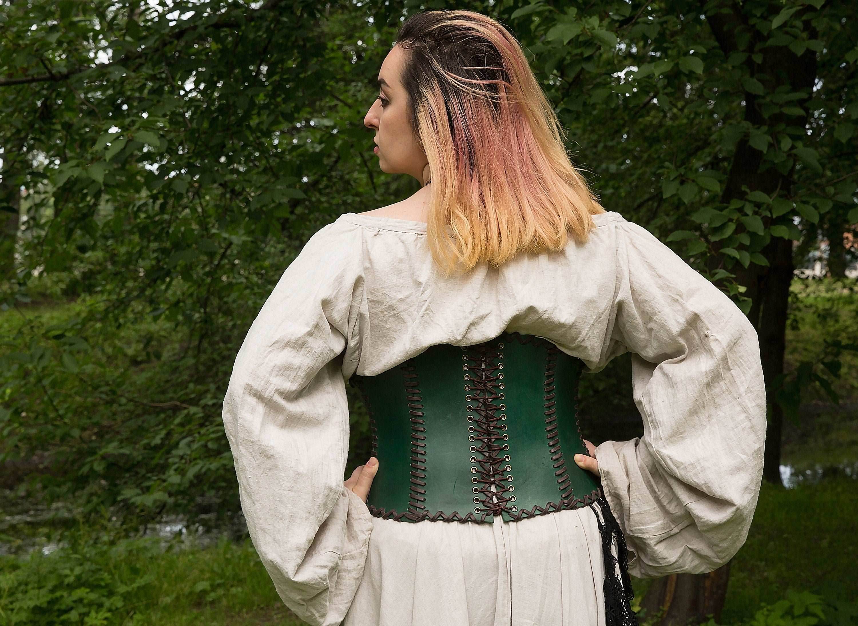 Green leather corset belt “Forest witch” - XS / Green (as on photo)