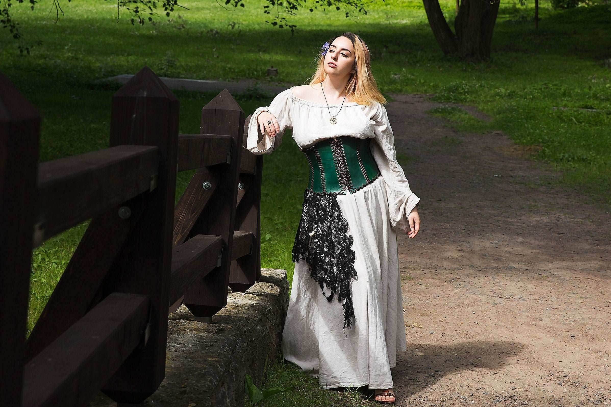 Green leather corset belt “Forest witch” - XS / Green (as on photo)