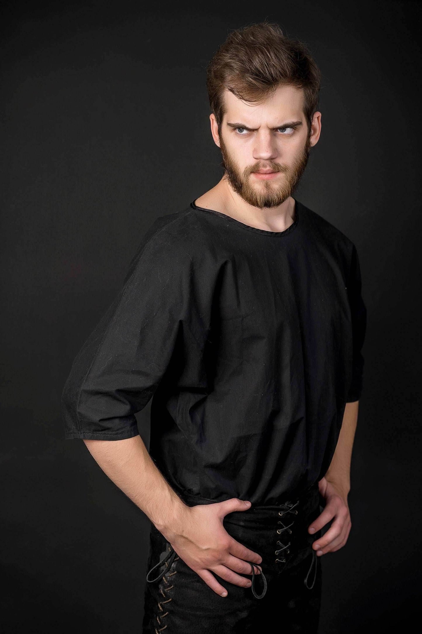Black short sleeve tunic; medieval linen shirt - S