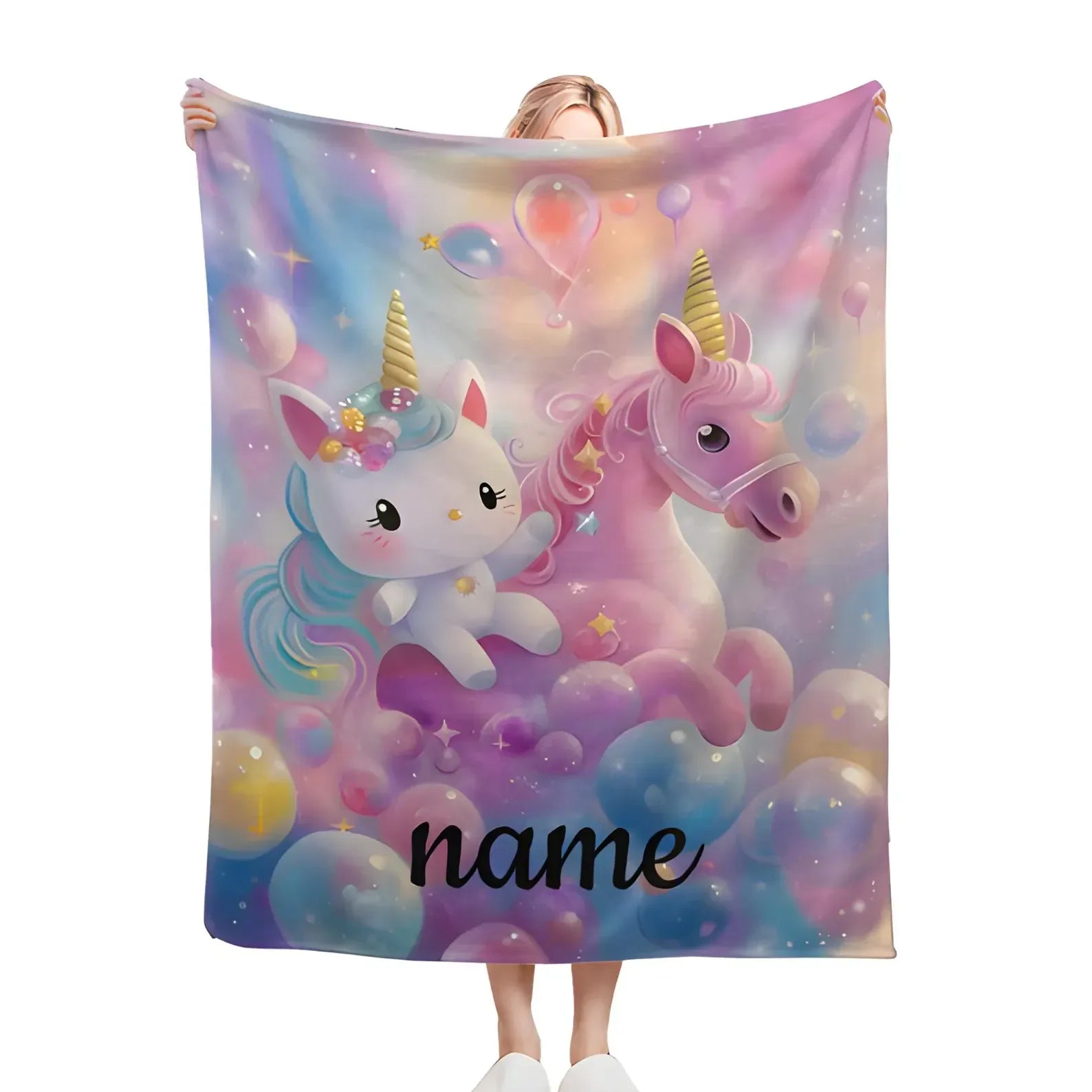 Personalized Kitty& Unicorn Fleece Blanket: Custom Name Throw, Soft Flannel