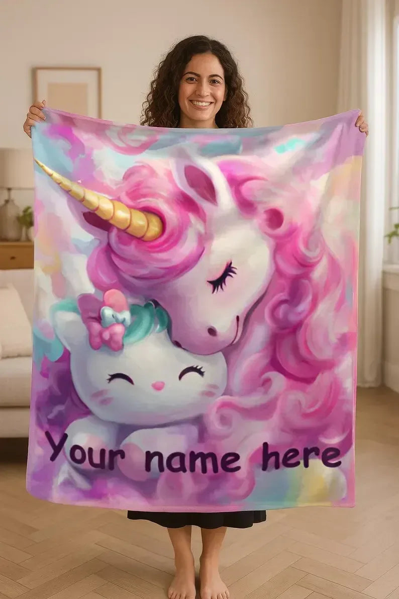 Personalized Unicorn Hello Kitty Fleece Blanket: Custom Name Throw